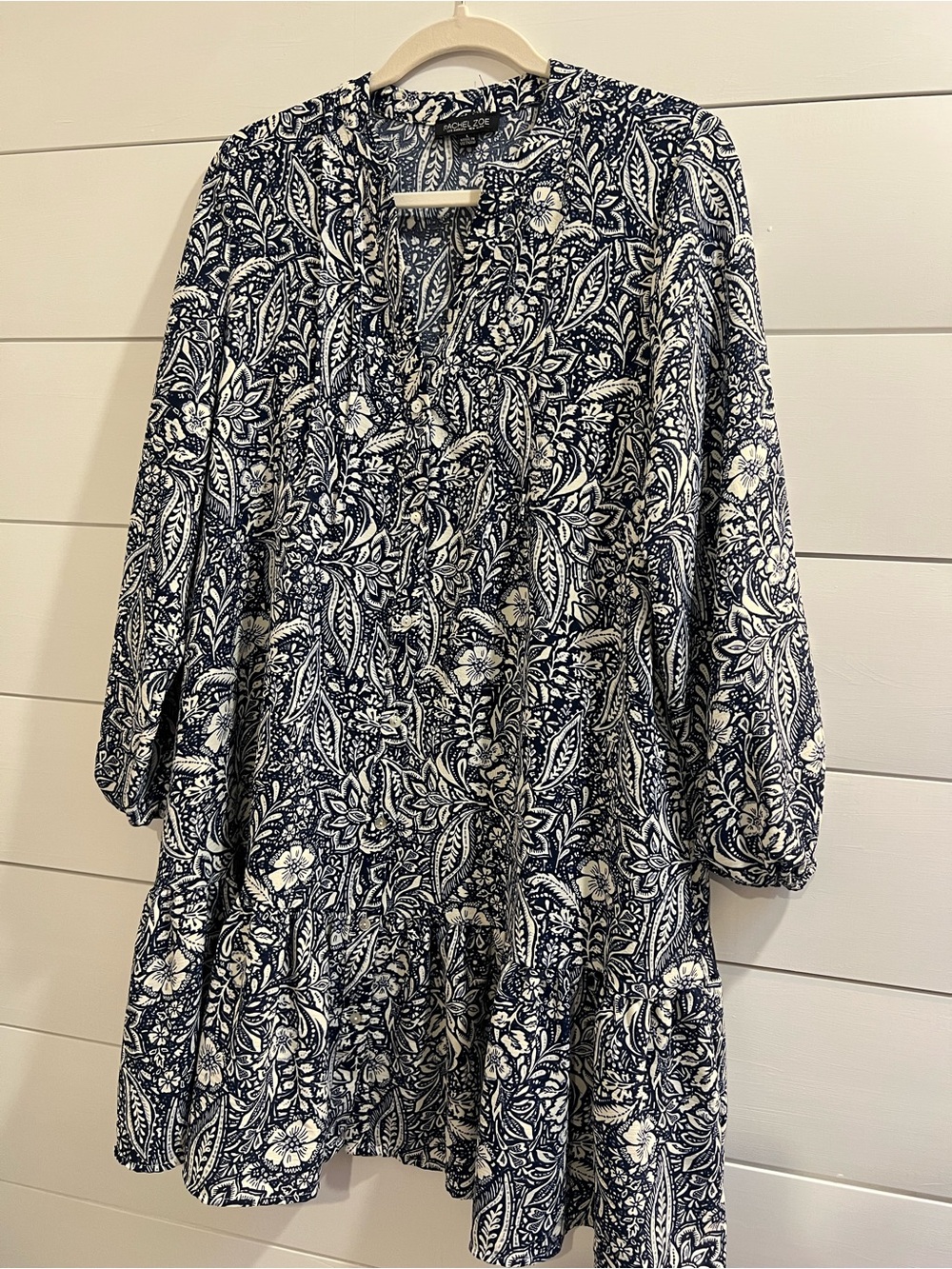 Rachel Zoe Navy and White Floral Paisley Long Sleeve Tiered Dress